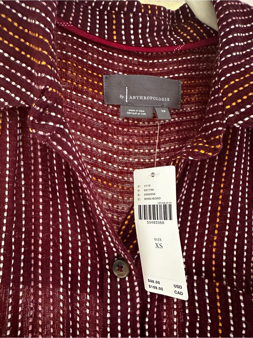 Anthropologie Wine Red Striped Button-Down Shirt with Gold & White Accents